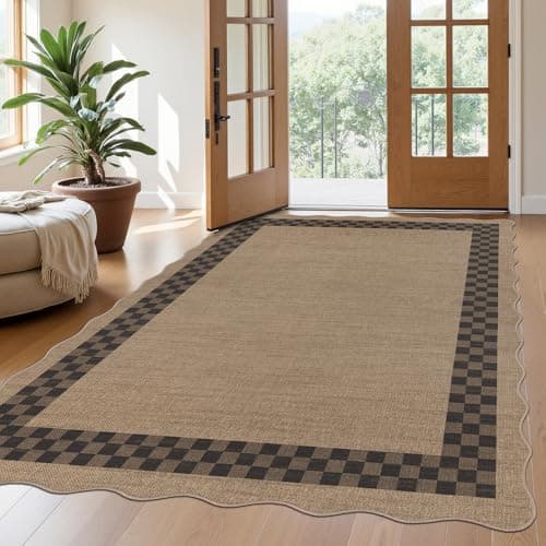 U'Artlines Easy Jute Checkered Area Rug 5x7, Washable Non Slip Indoor Outdoor Rug, Low Pile Non Shedding Farmhouse Carpet for Entryway Patio Backyard Kitchen Living Room Bedroom (Checked) - Image 1