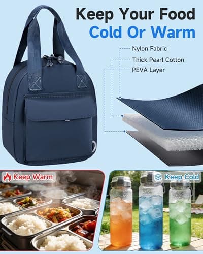 HowFly Lunch Box for Women Men Insulated Lunch Bag Cute Resuable Leakproof Lunch Box Portable Thermal Meal Cooler Bags for Work Picnic Travel Office Navy Blue - Thumbnail 2