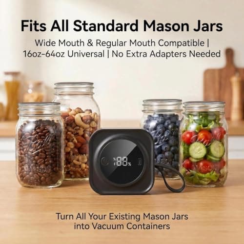 Electric Mason Jar Vacuum Sealer Kit, Automatic Jar Sealer for Wide and Regular Mouth Mason Jars, 1800Amh Portable Cordless Vacuum Sealer for Canning and Food Storage, Includes 20 Lids, 2 Vacuum Bags - Thumbnail 5