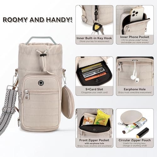 YIQUN Water Bottle Carrier Bag with Strap Insulated Water Bottle Carrier Sling Bag with Phone Pocket for Walking, Hiking, Cycling, Water Bottle Holder with Strap (Khaki, L (40oz-64oz)) - Thumbnail 5