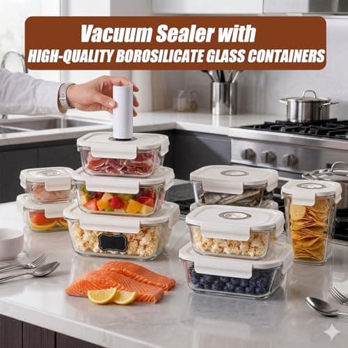 CABIBOX Vacuum Sealer & Food Storage Container for Food, Vacuum Sealer for Food + 3 Glass Vacuum Containers |Rectangle [21 Oz/35 Oz/50 Oz]+ 10 Reusable Food Saver Sealer Bags,For Freezer, Meal Prep - Thumbnail 3