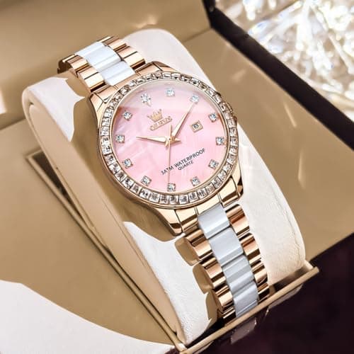 OLEVS Women's Rose Gold Watch for Women Water Resistant Watches Quartz Day Date Ceramic Stainless Steel Band Luxury Pink Mother of Pearl Diamond Dial Elegant Ladies Dress Wrist Watch Gift for Her - Thumbnail 2