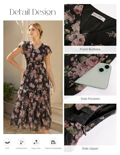 GRACE KARIN Women Summer Dress,Maxi Floral Dresses,V Neck Wedding Guest Flowy Dress 2026 Black-Based Clustered Roses S - Thumbnail 4
