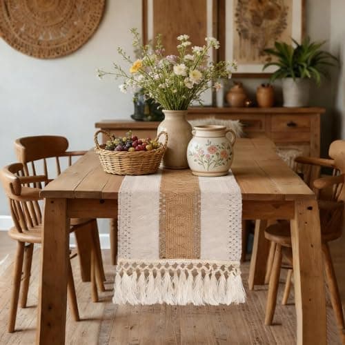 yuboo Boho Coffee Table Runner 48 Inch, Spring Farmhouse Burlap Dresser Runner Scarf, Rustic Macrame Runner for Round Table, TV Stand, Entryway Console, Neutral Easter Decor - Thumbnail 5