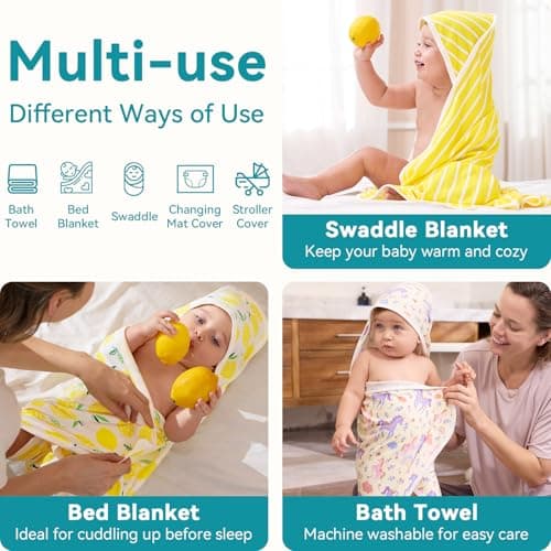 2 Pack Baby Hooded Towel,Viscose for Bamboo Baby Bath Towels Soft for Newborn, Baby Girls Shower Gifts, Bath Essential for Toddlers Girls (Lemon, 29”x 29”) - Thumbnail 3