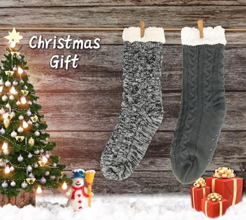 BenSorts Mens Fuzzy Slipper Socks with Grippers Indoor Lined House Home Cozy Socks Christmas Gift Stocking Stuffers 2 Packs Gray Multicolor - Thumbnail 5