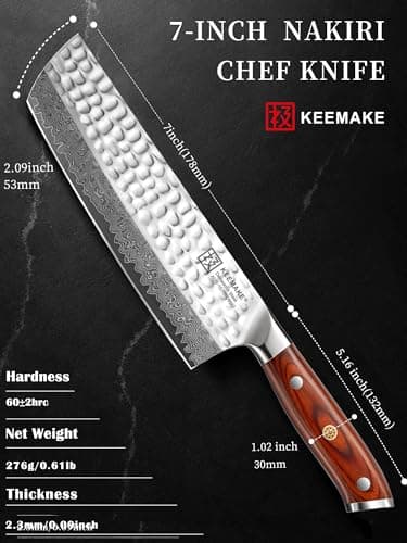 KEEMAKE Nakiri Chef Knife, 7 Inch 67-Layer Damascus Japanese Kitchen Knife with Ergonomic Pakkawood Handle, Ultra Sharp Non-Slip Cooking Knife with Ash Sheath - Thumbnail 6