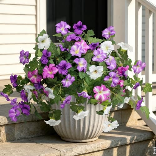 Flortevera Artificial Fake Flowers Plants for Outdoor UV Resistant, 2PCS Silk Faux Petunias No Fade Summer for Outside Planter Front Door Porch Yard Patio Balcony Realistic Decoration Purple White - Thumbnail 3