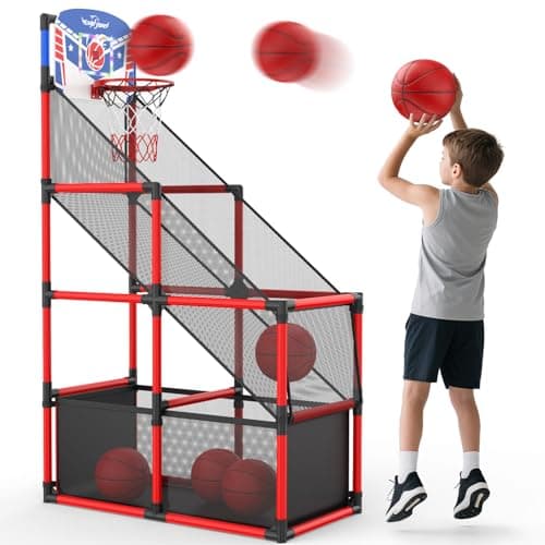 EagleStone Kids Adjustable Arcade Basketball Hoop with LED Lights & Scoreboard, 4 Balls Ball Storage Net, Indoor Outdoor Carnival Basketball Game Set for Boys & Girls Ages 3-12, Pump Included - Image 1