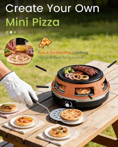 Saenchue Multifunction Raclette Grill & Mini Pizza Oven, 1200W Electric Pizza Oven with Flat Griddle Top, Indoor Grill with 6 Mini Pizza Baking Slots, Temperature Control, Personal Pizza Maker, PM-01 - Thumbnail 4