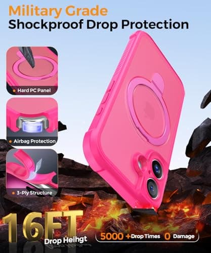 MOCCA Design for iPhone 16 Case with Magnetic Invisible Stand [Full Camera Protection] [Compatible with Magsafe] Military Drop Shockproof Translucent Matte Phone Case Cover 6.1",Hot Pink - Thumbnail 5