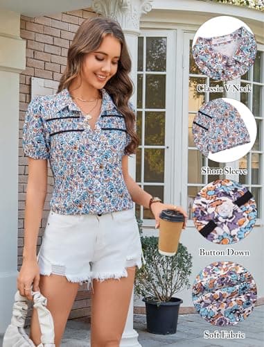 AOVDE Women Floral Leopard Button Down Shirts Puff Sleeve Blouse Contrast Trim Casual Dressy Summer Tops - Thumbnail 5