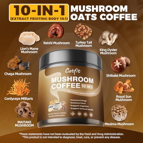 Catfit Instant Mushroom Coffee Powder, 10-in-1 Adaptogen Blend with Lion's Mane, Chaga & Cordyceps for Energy, Focus, Gut Health & Immune Support - 50 Servings - Thumbnail 2