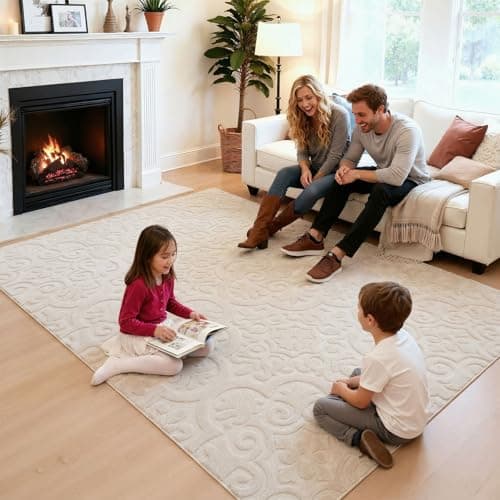 U'Artlines 9x12ft Washable Area Rug for Living Room, Neutral Beige Modern High-Low Pile Rug for Bedroom, Non Slip Soft Cozy Fluffy Large Floor Carpet for Dining Area, Kids Nursery Room - Thumbnail 6