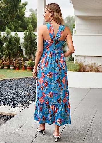 2024 Summer Women's Criss Cross Halterneck Sleeveless Floral Print Flowy A Line Maxi Dress Blue Red XXL - Thumbnail 3