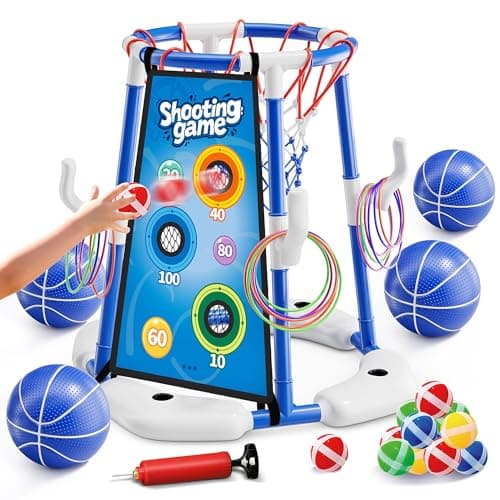 3 in 1 Pool Basketball Hoop & Ring Toss Game for Kids 4-8 8-12 - Floating Pool Toys Set with 4 Basketballs, 12 Rings, 2 Target Boards, 12 Bean Bags, Pump - Backyard Swimming Pool Summer Birthday Gift