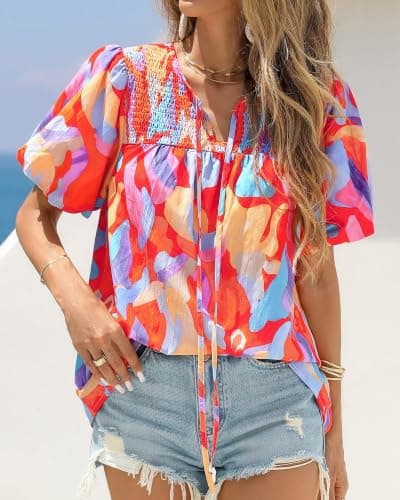 KIRUNDO Boho Tops for Women Summer 2026 Dressy Floral Blouse V Neck Drawstring Short Sleeve Shirts Beach Vacation Clothes(Pink Multicolored, X-Large) - Thumbnail 2