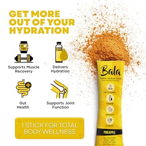Bala Enzyme Hydration & Sugar-Free Drink Mix Packets - Turmeric, Bromelain, Papain, Immunity, Mobility - Pineapple, Zero Sugar Electrolytes Powder Packets, 0.25oz (10 Count) - Thumbnail 3
