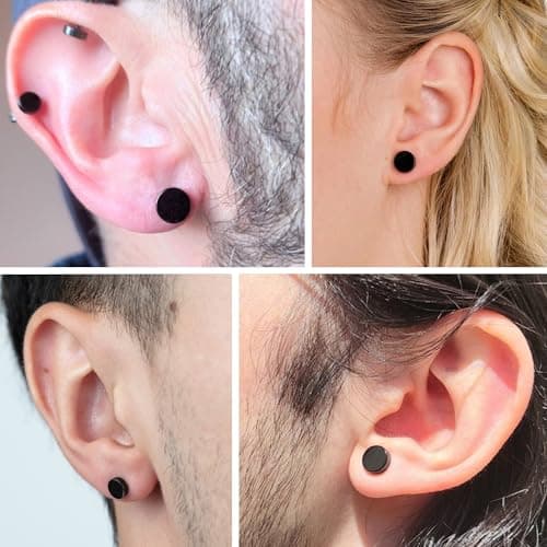 Hypoallergenic Black Dot Stud Earrings for Men Women, Flat Back Stainless Steel Cartilage Piercing Ear Tunnel 5mm-10mm (6Pairs-Black-Studs) - Thumbnail 6