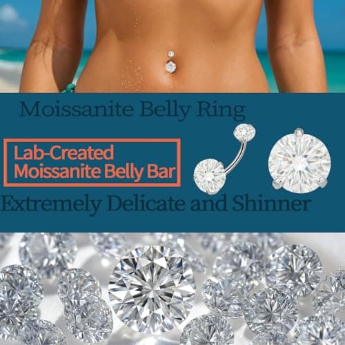 hooppoo Sparkling Moissanite Belly Button Ring, 14G G23 Surgical Grade Titanium with 14K Gold Plated | Internally Threaded & Hypoallergenic for Sensitive Skin | Unisex Body Jewelry (Silver) - Thumbnail 3