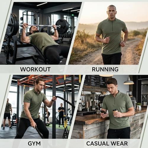 Oversized Workout Shirts for Men Short Sleeve Quarter Zip Athletic Shirts Pullover Lightweight Quick Dry Loose Fit Athletic Tops Baggy Work Out Shirt Breathable Gym Clothes Plus Size Gym Tshirt Khaki - Thumbnail 2