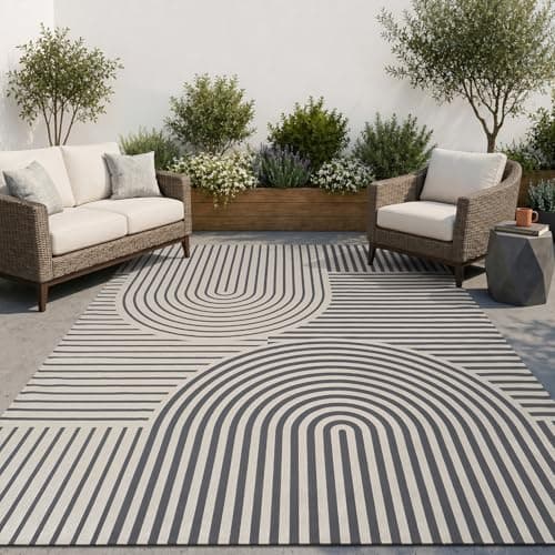 AMOAMI-Outdoor Rug-Patio Rug 9x12 ft Quick Dry Flatweave Textured Machine Washable Outdoor Carpet with Rubber Particles Backing Boho Outdoor Area Rug for Patio Deck Front Porch Balcony Greyish Black