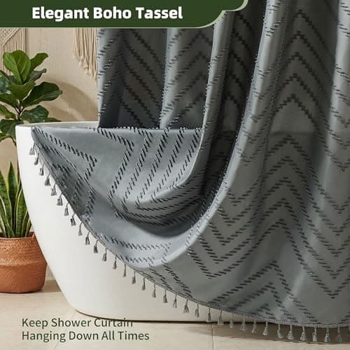 Siiluminisoy Extra Long Grey Boho Shower Curtain with Tassel, Woven Fabric 96 in Shower Curtain, Tufted Chevron Striped, 72 x 96, Modern Chic Textured Minimalist Bathroom Shower - Thumbnail 4