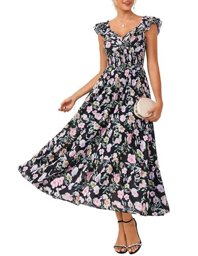 GRACE KARIN Women's Summer Floral Maxi Dress 2026 Ruffle Sleeve Smocked Sundress Flowy Wedding Guest Long Dresses Black Flower 2XL - Image 1