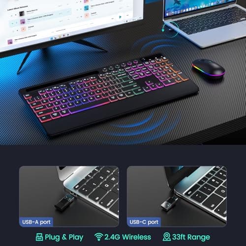 Wireless Keyboard and Mouse Combo - Dual System RGB Backlit Mouse and Keyboard,2.4G Rechargeable,Full-Sized Ergonomic Silent Design with Phone Holder for Windows Mac PC Laptop (Black-V2) - Thumbnail 6