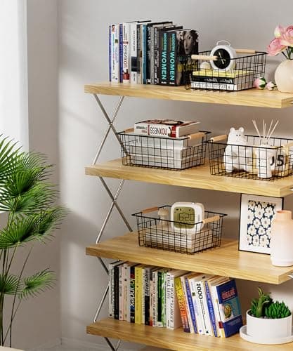 Wire Basket with Wooden Handle, Metal Utility Storage Basket for Organizing Kitchen Pantry Cabinets, Closet and Garage Shelves Drawers, Office Metal Basket Storage Organizer with Handle (Black 4 Pack) - Thumbnail 2