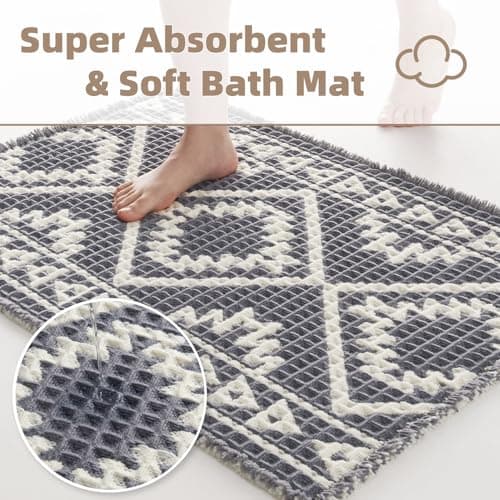 PADOOR-Waffle Bathroom Runner 24"x72", Super Absorbent Bath Mats for Bathroom, Machine Washable Non Slip Bath Rug with Tassels, Soft Bath Mat for Laundry Room, Bedroom, Grey & Cream, 2'x 6' - Thumbnail 3
