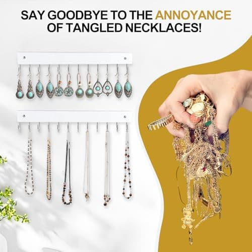 Dntorx Hanging Jewelry Organizer, 2 Pack Necklace Holder for Wall White Wooden Necklace Organizer Hangers with 24 Hooks Jewelry Display Hangers Wall Mounted for Necklaces, Earrings, Bracelets, Keys - Thumbnail 5