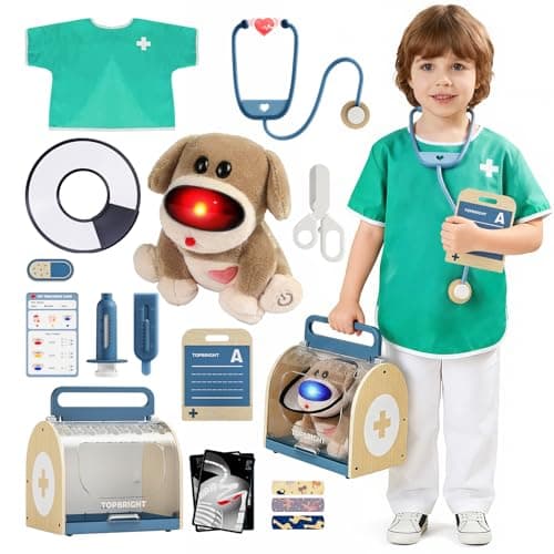 TOP BRIGHT Doctor Kit for Toddlers 3-5, Pretend Play Doctor Set with Costume & Wooden Medical Kit, Dress Up Toys for Kids, Role Play Dog Vet Playset, Christmas Birthday Gifts for Girls Boys 3 4 5 - Image 1