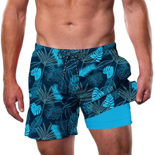 Cozople Mens Swim Trunks with Boxer Brief Tropic Palm 2 in 1 Bathing Suit with Compression Liner Quick Dry Swim Shorts Lightweight Board Shorts XL Rafting Surfing Diving Snorkeling Swimming Slides - Image 1