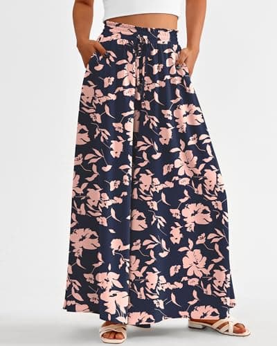 BTFBM Women Casual High Waist Wide Leg Pants 2026 Spring Summer Long Palazzo Pants Pocket Lounge Beach Vacation Clothes(Print Navy Pink, Small) - Thumbnail 2