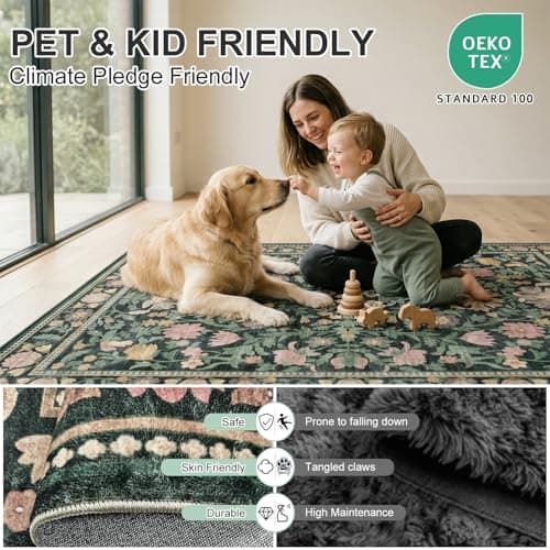 Cnythlis 9'x12' Washable Non-Slip Extra Large Living Room Rug, Vintage Floral 0.26" Low Pile Faux Wool Soft Carpet, Water Resistant for Big Dining Room Bedroom, Charcoal Green - Thumbnail 3