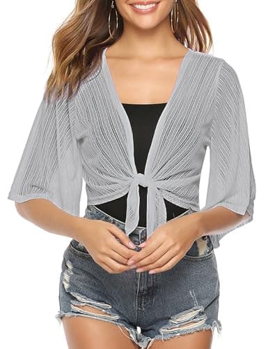 iClosam Women Sheer Shrug Tie Front 3/4 Sleeve Cropped Bolero Shrug Cardigan - Image 1