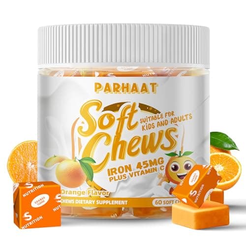 Parhaat Iron Soft Chew Supplement with Vitamin C | Orange Flavored | Gluten Free | Iron Supplement for Women Men and Kids | 60 Count | 2 Month Supply - Image 1