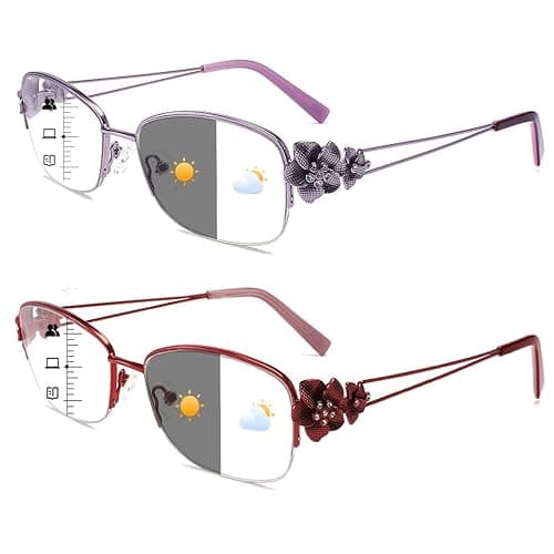 touk Photochromic Progressive Multifocal Reading Glasses for Women, Stylish Half Rim Metal Frame Anti Blue Light Sun Readers 1 Pack Red +1.5 - Image 1