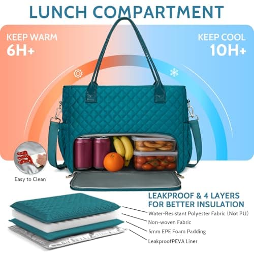 2-in-1 Lunch & Laptop Tote Bag｜15.6" Work Bags for Women｜Water-Resistant Polyester Casual｜Insulated Leakproof Lunch Compartment｜Teacher Nurse Bag｜Laptop Briefcase for Office Travel｜Dark Green - Thumbnail 6