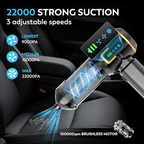 KedeeSparkle Car Vacuum Cleaner Cordless, 22000PA High Power Portable Handheld Vacuum & Compressed Air Duster, Mini Vacuum with LED Display, 3 Modes Brushless Motor for Car, Home, Office, Camping - Thumbnail 2