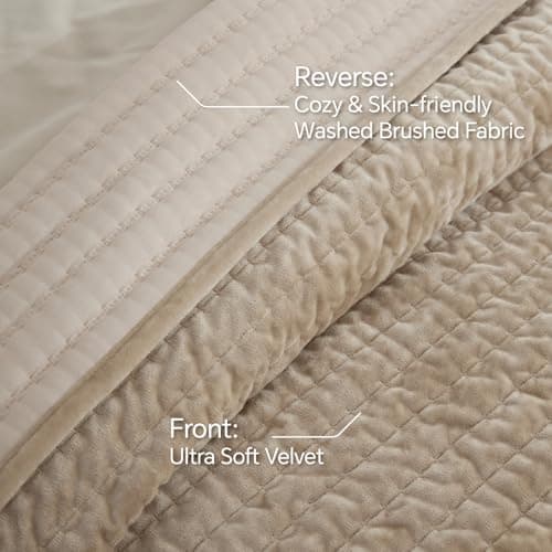 BEDELITE Velvet Quilt Set King Size, Luxury Velvet Comforter for All Season, Lightweight Soft Quilted Bedding Set, Striped Channel Oversized Bedspread Coverlet with 2 Pillow Shams, Taupe - Thumbnail 5