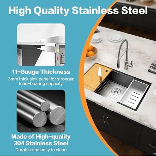 GKFF Kitchen Sink 16-Gauge Workstation S304 Stainless Steel Kitchen Sinks Handmade Modern Single Bowl Deep Sink with Accessories and Integrated fregaderos de cocina modernos (32" x 19" x 10") - Thumbnail 6