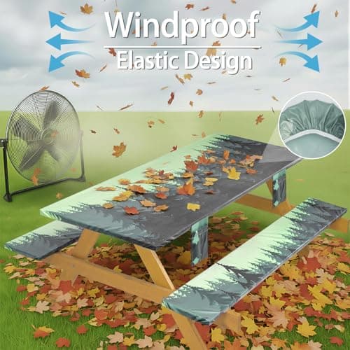 memKiya Fitted Waterproof Picnic Table Cover with Bench Covers Elastic Edges Camping Tablecloth for 6 Foot Rectangle Tables Camp Cooking Motorhome Hiking Equipment Car Rv Travel Trailer Needs Gifts - Thumbnail 4
