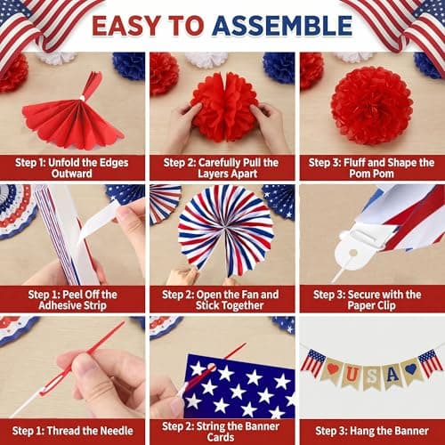 4th of July Decorations - 26 PCS Patriotic USA Banner Star Streamer Paper Fans Hanging Swirls Pompoms Set for Memorial Day | 250th Anniversary America Merchandise Accessories for Indoor Outdoor Home - Thumbnail 4