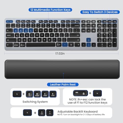 Wireless Keyboard, Bluetooth Keyboard with Leather Palm Rest, Backlighting, Multi-Device Pairing, USB C Rechargeable, for Windows, Mac, iOS, Android, Chrome, Office, Students, Long Hours Typing - Thumbnail 4
