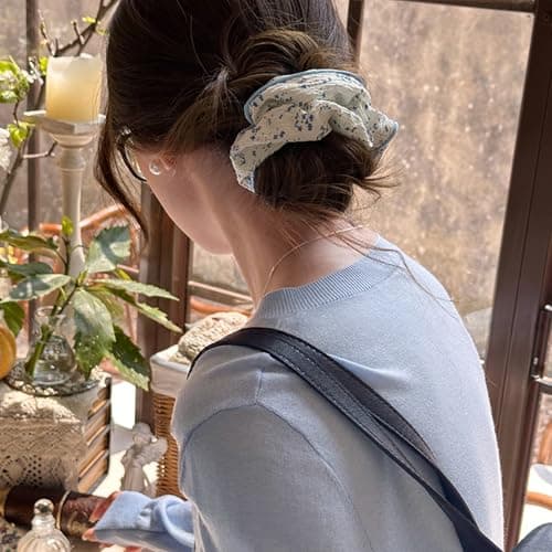 Jseng 3PCS Large Floral Scrunchies for Hair, Cute Hair Ties, Pink, Blue and Green - Thumbnail 3