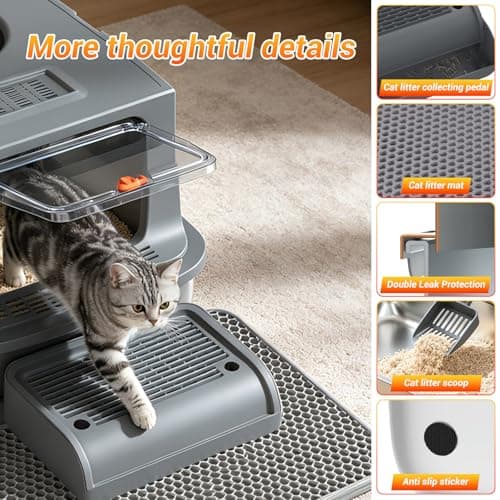 Cat Litter Box - Stainless Steel Litter Box with Lid for Large &Kitty,Enclosed Litter Box Includes Litter Scoop, Elevated Step Box, and Activated Carbon Pack, 23.6“ x 16.9” x 16", Dark Gray - Thumbnail 3