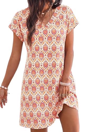 KIRUNDO Summer Dresses for Women 2026 Beach Sundress Spring Casual V Neck Boho Floral Vacation Outfits Cruise Resort Wear(Floral Apricot Red, XX-Large) - Image 1