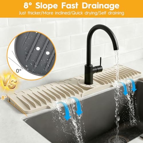 24" Silicone Faucet Mat for Kitchen Sink Released in 2025/12TH,8° Slope Fast Self-draining-Kitchen Sink Splash Guard,Bathroom Kitchen Sink Area Water Splash Guard Behind Faucet Draining Mat Beige - Thumbnail 3